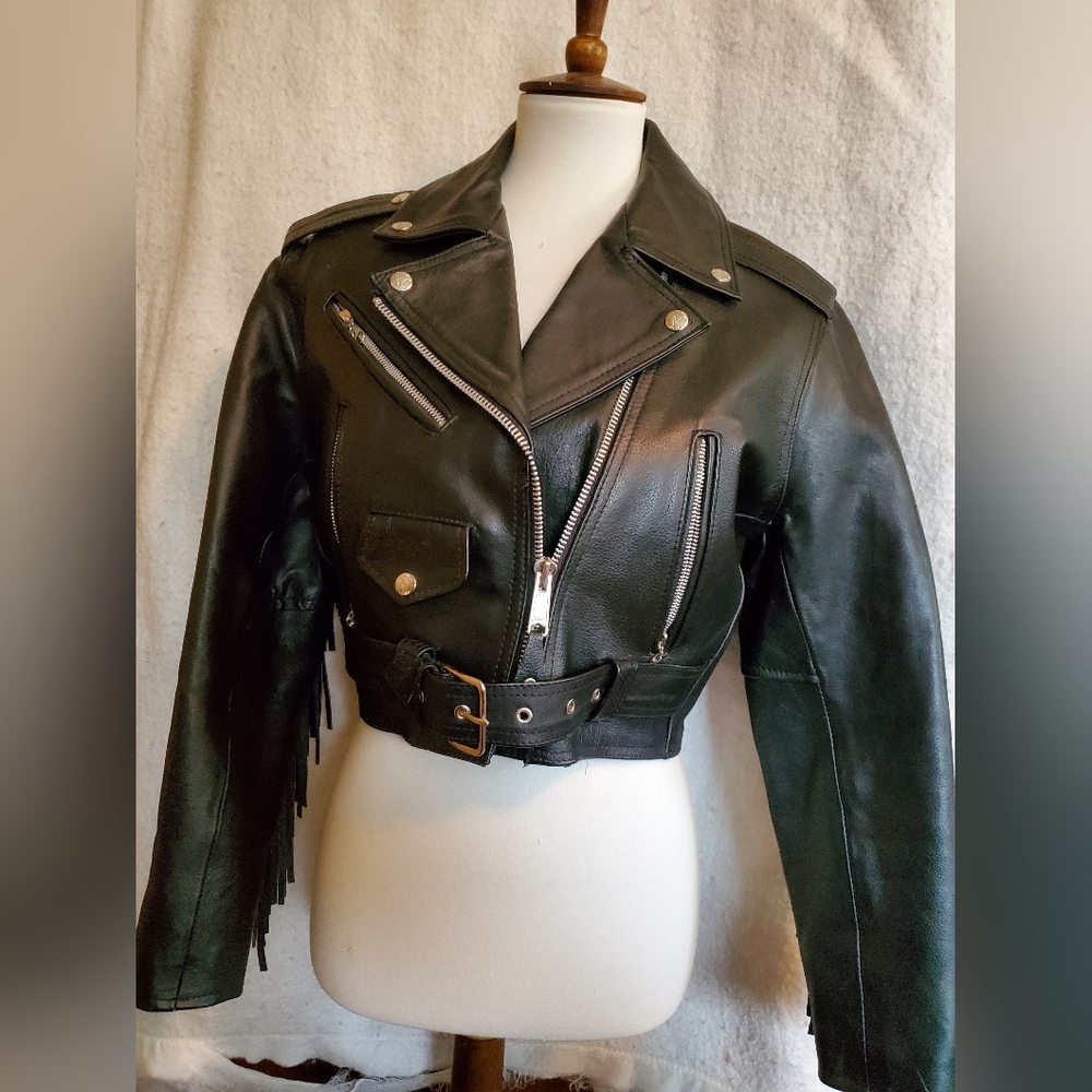 Vanguard Vtg Leather Fringed Biker Jacket, Sz S